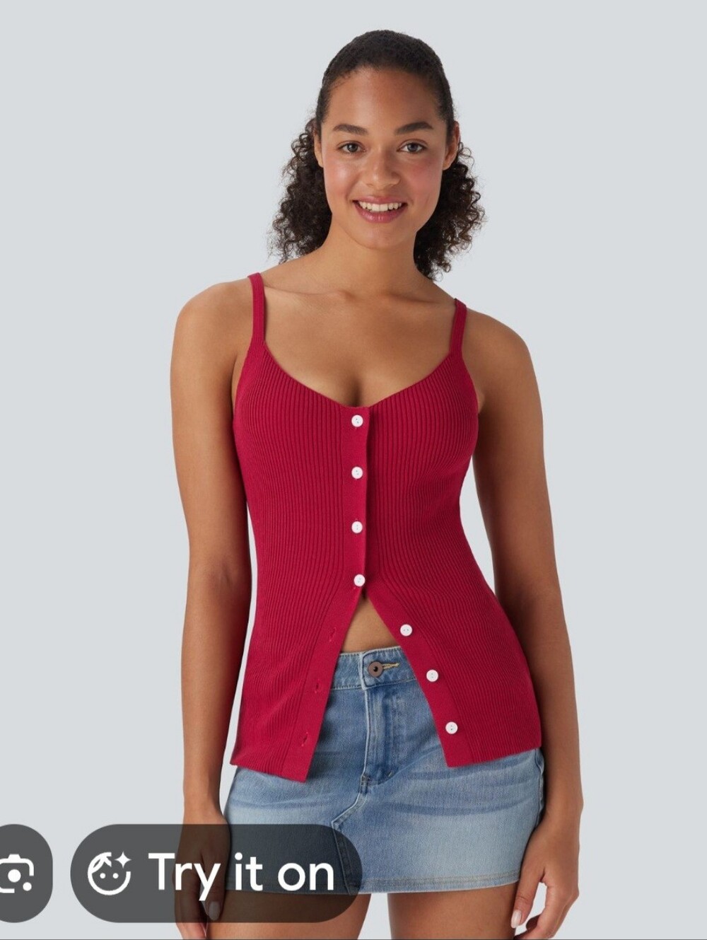 Ribbed Burgundy Button-Front Cami Tank Top by Halara